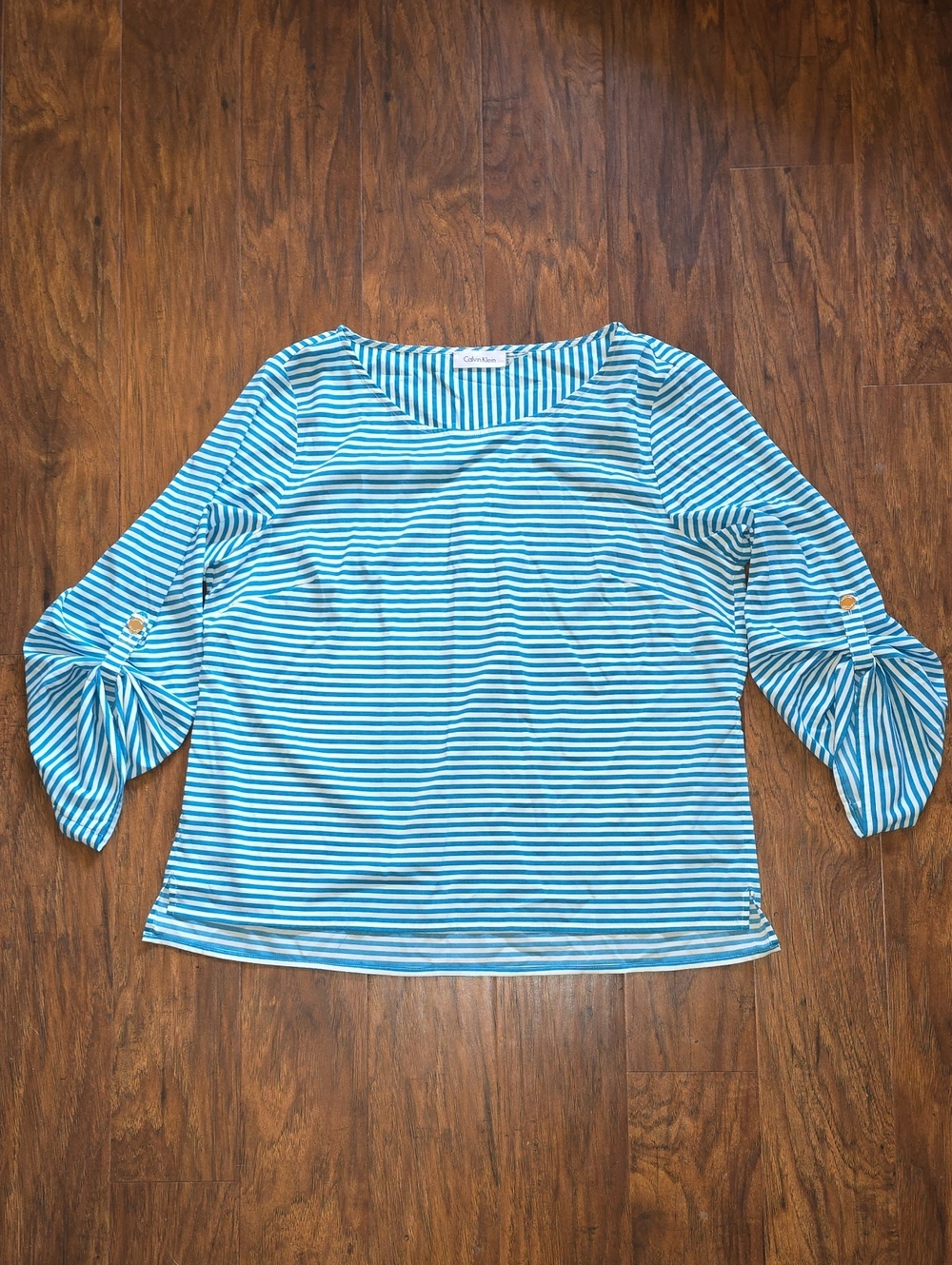 Calvin Klein Turquoise and White Striped Roll-Sleeve Top